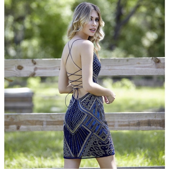 Primavera Couture Blue and Gold Bodycon Mini Dress for Cocktail - Picture 2 of 5